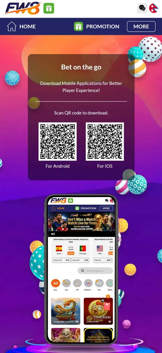 FW8 app download page in Nepal — scan the QR code for Android or iOS, with the app home showing World Cup markets and JILI, PP and PG games
