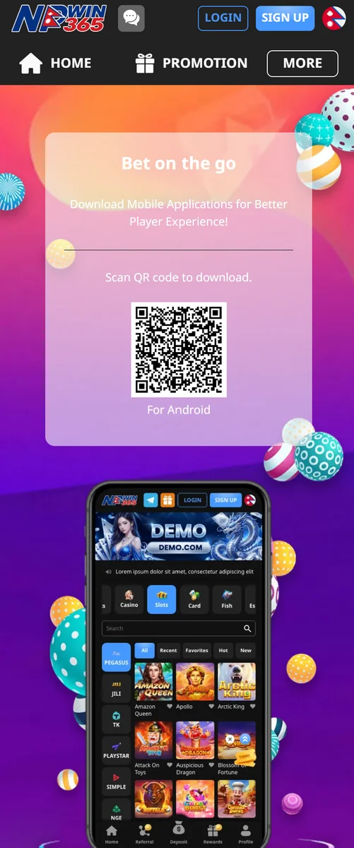NPwin365 app download page in Nepal — scan the QR for Android, with the app home showing Casino, Slots and Card games from JILI and Pegasus