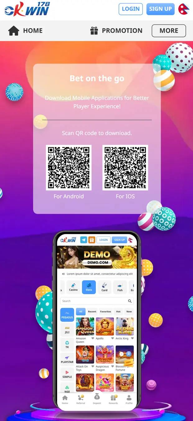 OKwin178 app download page in Nepal — scan the QR for Android or iOS, with the app home showing Casino, Slots and Card games from JILI and Pegasus