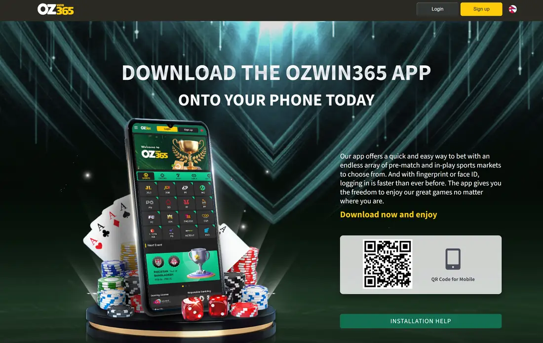 Download the Ozwin365 Android app in Nepal — phone showing the sports and casino lobby with a QR code to install the APK